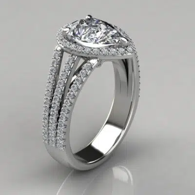 Three Row Halo Pear Cut Moissanite Engagement Ring