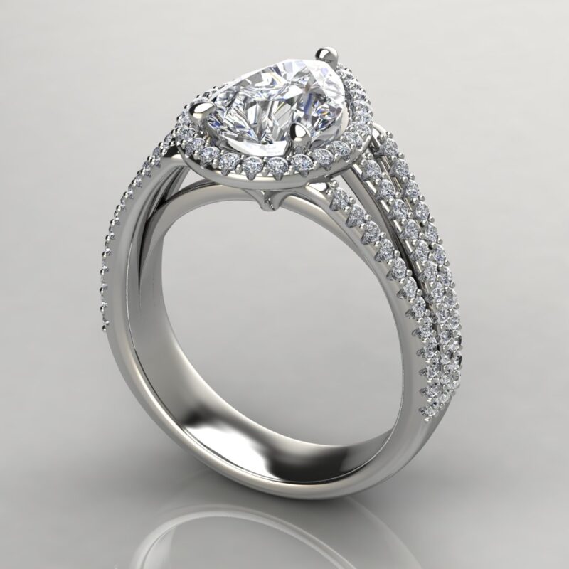 white gold Three Row Halo Pear Cut Moissanite Engagement Ring