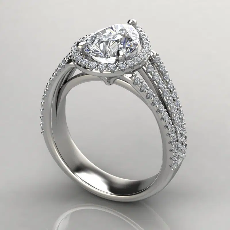 Three Row Halo Pear Cut Moissanite Engagement Ring