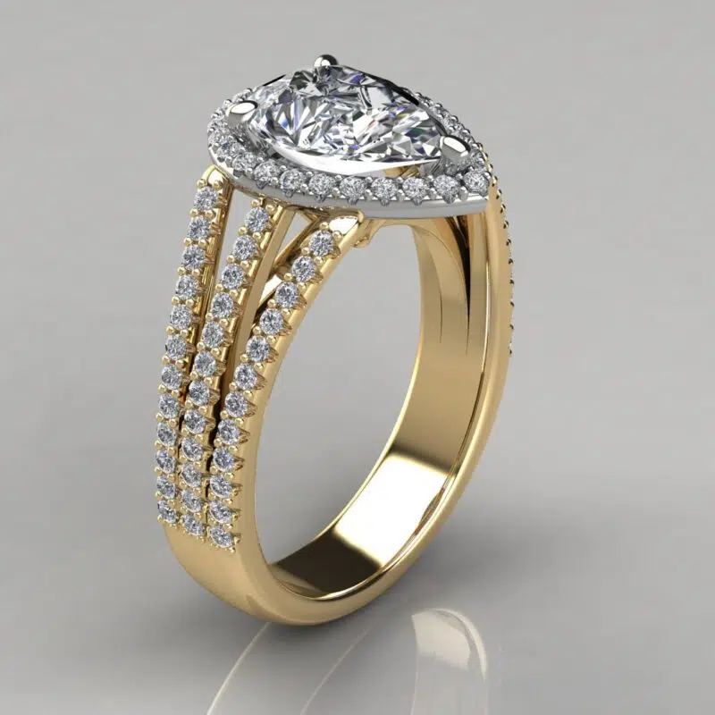 Three Row Halo Pear Cut Moissanite Engagement Ring
