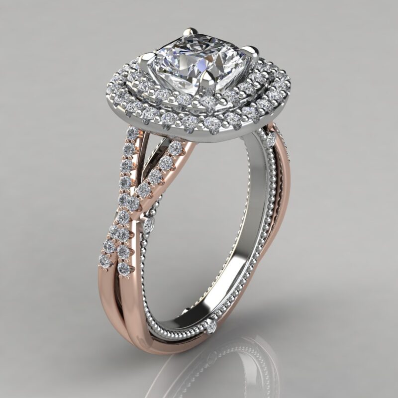 rose gold Two-Tone Double Halo Milgrain Cushion Cut Moissanite Engagement Ring