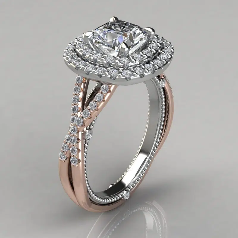 Two-Tone Double Halo Milgrain Cushion Cut Moissanite Engagement Ring