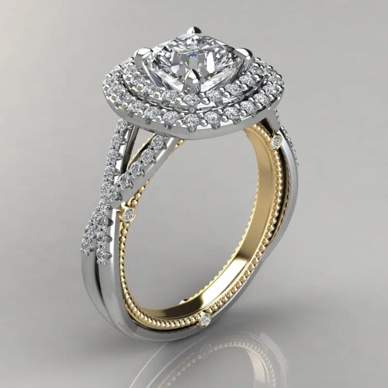 Two-Tone Double Halo Milgrain Cushion Cut Moissanite Engagement Ring