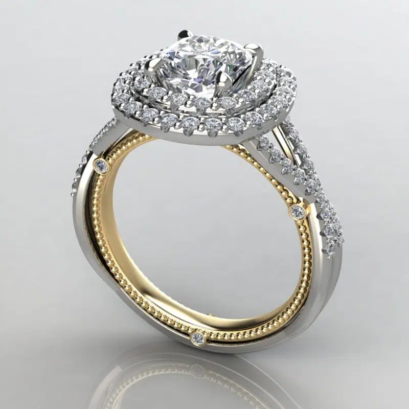 Two-Tone Double Halo Milgrain Cushion Cut Moissanite Engagement Ring