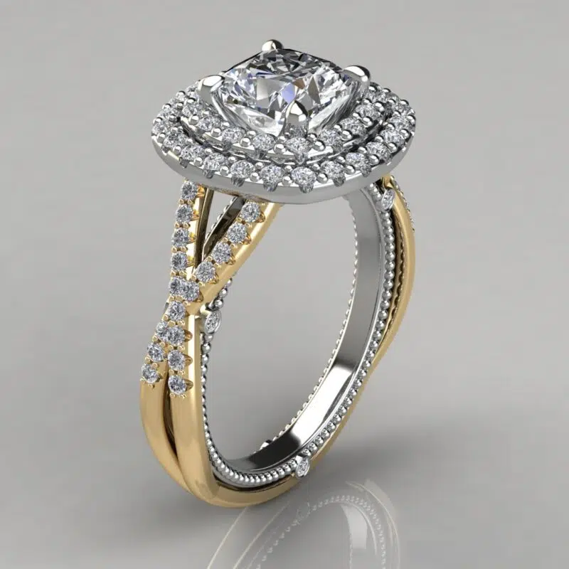 Two-Tone Double Halo Milgrain Cushion Cut Moissanite Engagement Ring