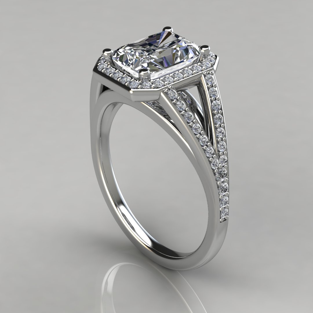 Three Stone Fancy Diamond Halo Emerald Cut Split Shank Engagement Ring with  Pave in Platinum