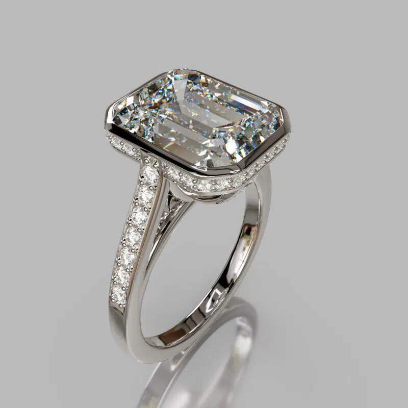 Emerald Cut Moissanite Bezel Halo Engagement ring