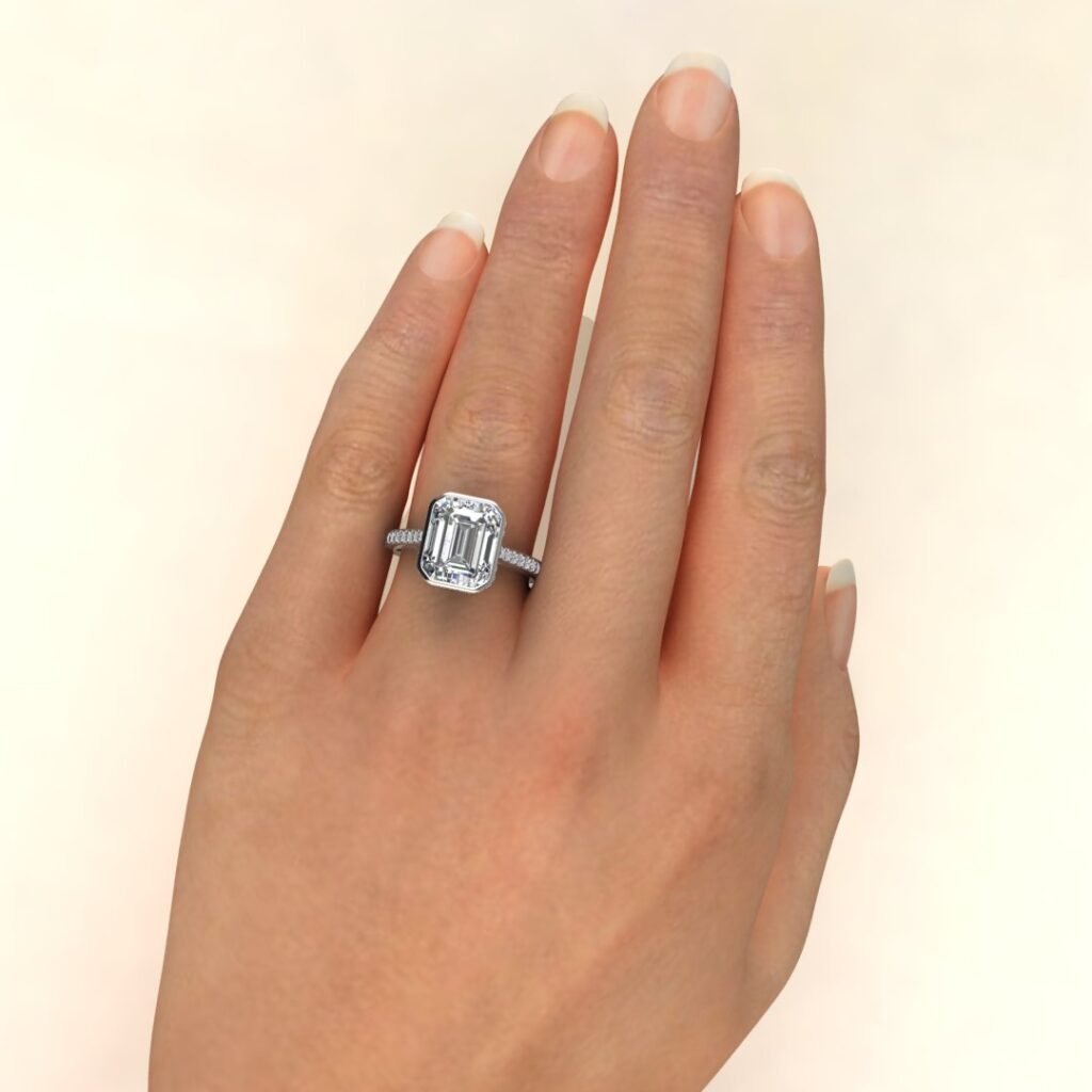 Emerald Cut Moissanite Bezel Halo Engagement ring Forever Moissanite