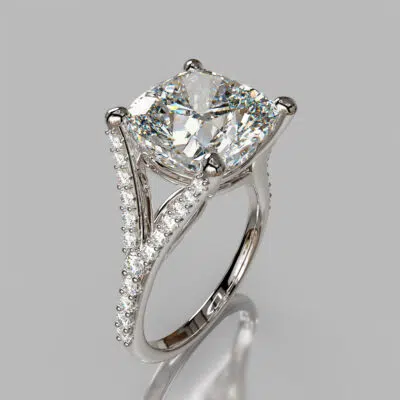 Cushion Cut Moissanite Split Shank Engagement ring