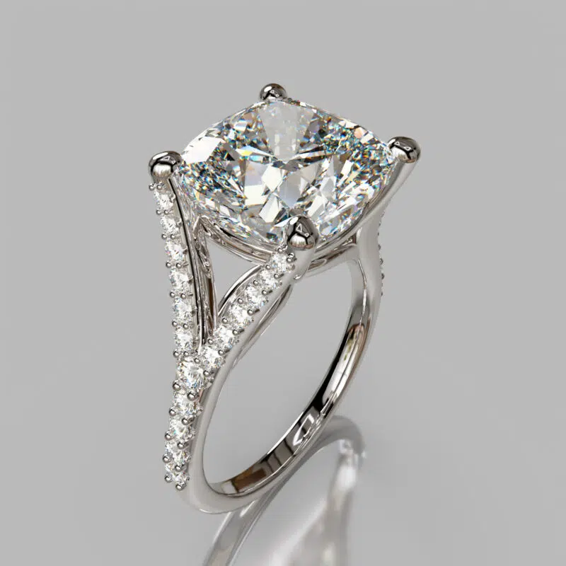 Cushion Cut Moissanite Split Shank Engagement ring