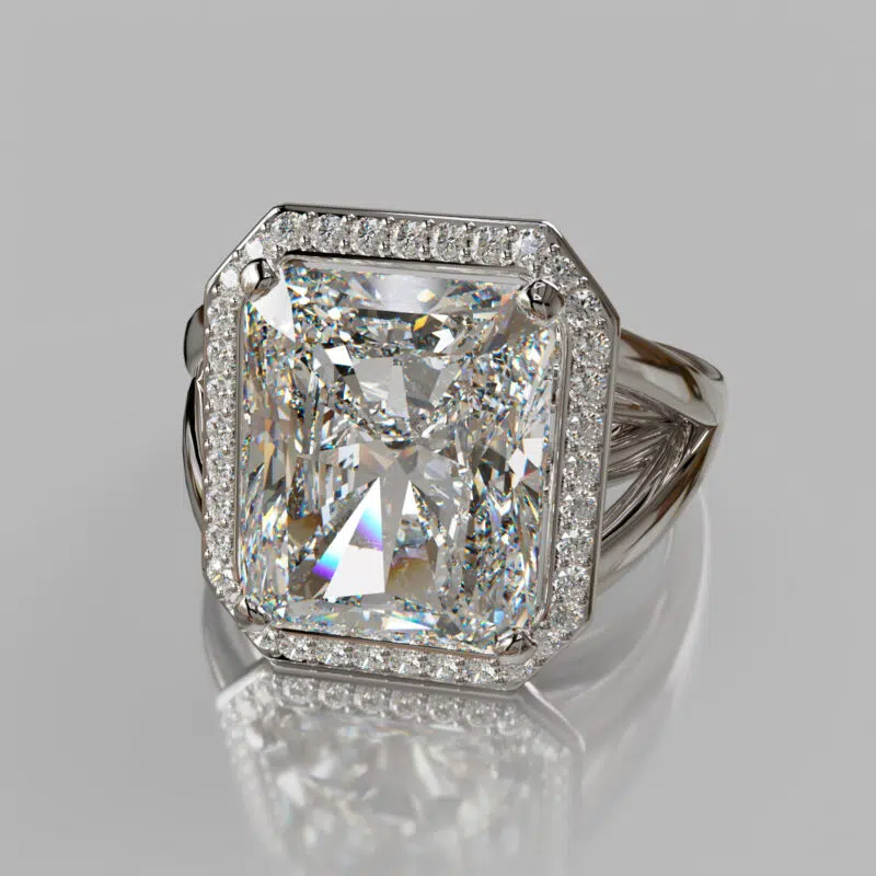 Radiant Cut Moissanite Split Shank Halo Engagement ring