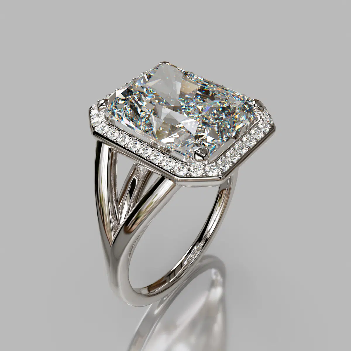 Radiant Cut Moissanite Split Shank Halo Engagement ring