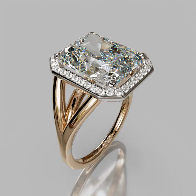 Radiant Cut Moissanite Split Shank Halo Engagement ring