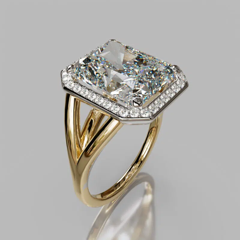 Radiant Cut Moissanite Split Shank Halo Engagement ring