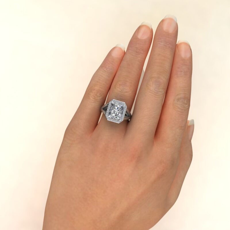 Radiant Cut Moissanite Split Shank Halo Engagement Ring Forever Moissanite