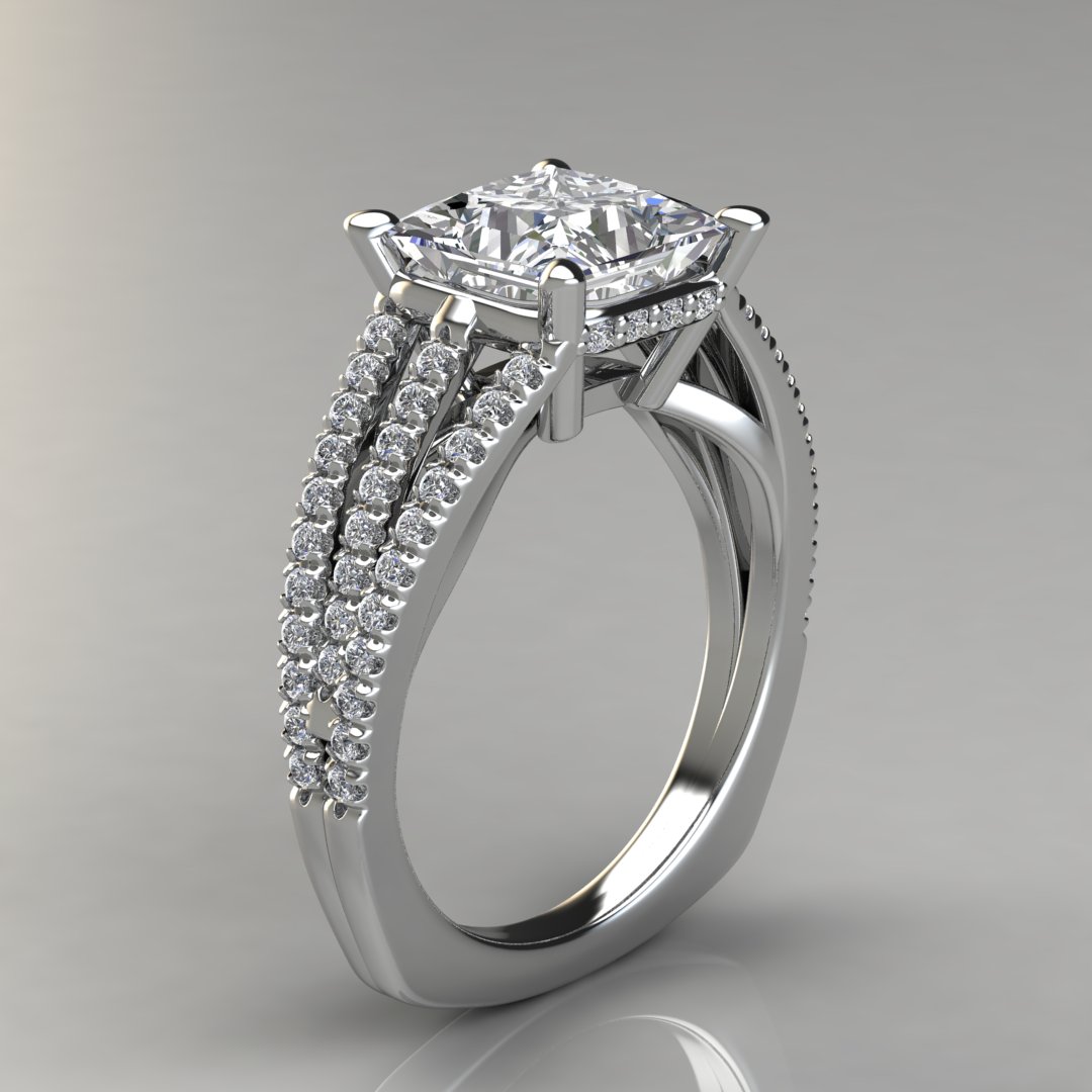 2.22 Ct. Princess Cut Natural Diamond 3-Stone Halo Pave Split Shank Diamond  Engagement Ring (GIA Certified) | Diamond Mansion