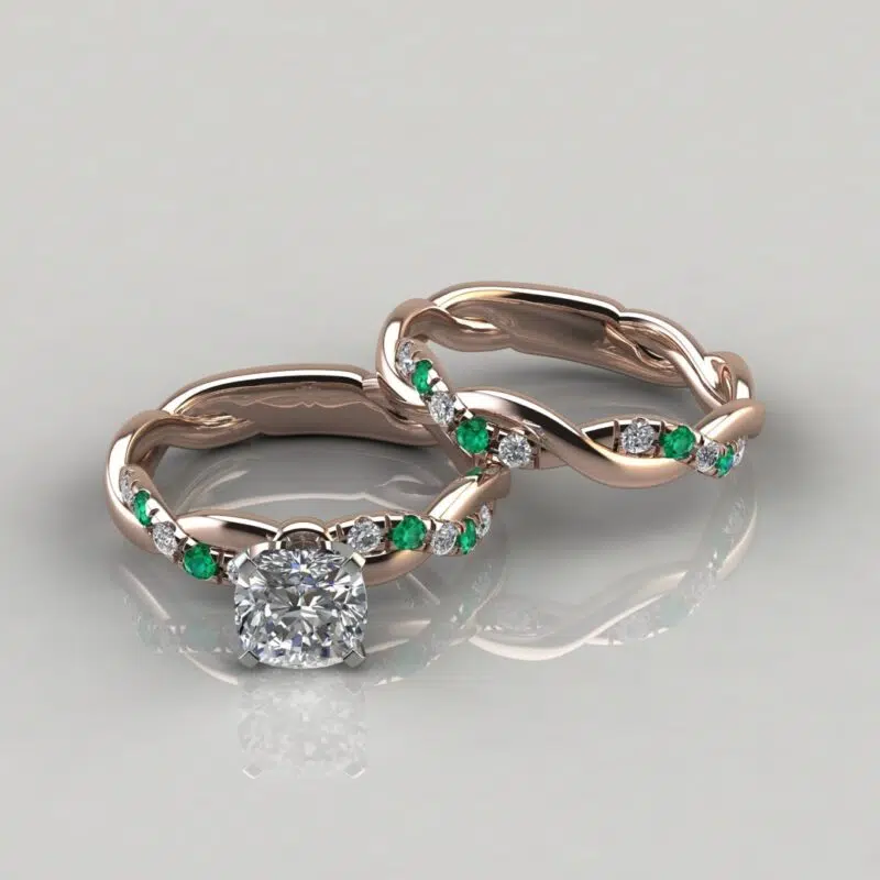 Twist Bridal Set Moissanite and Emerald Gemstones
