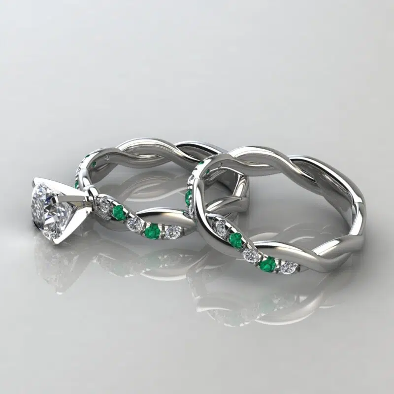 Twist Bridal Set Moissanite and Emerald Gemstones