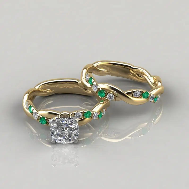 Twist Bridal Set Moissanite and Emerald Gemstones