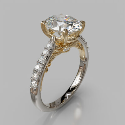 Two-Tone Engraved Oval Cut Moissanite Engagement Ring