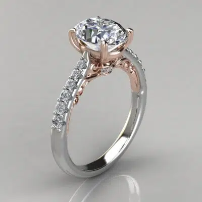 Two-Tone Engraved Oval Cut Moissanite Engagement Ring