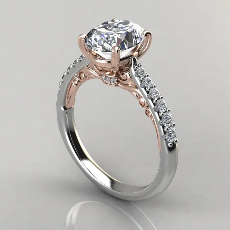 Two-Tone Engraved Oval Cut Moissanite Engagement Ring
