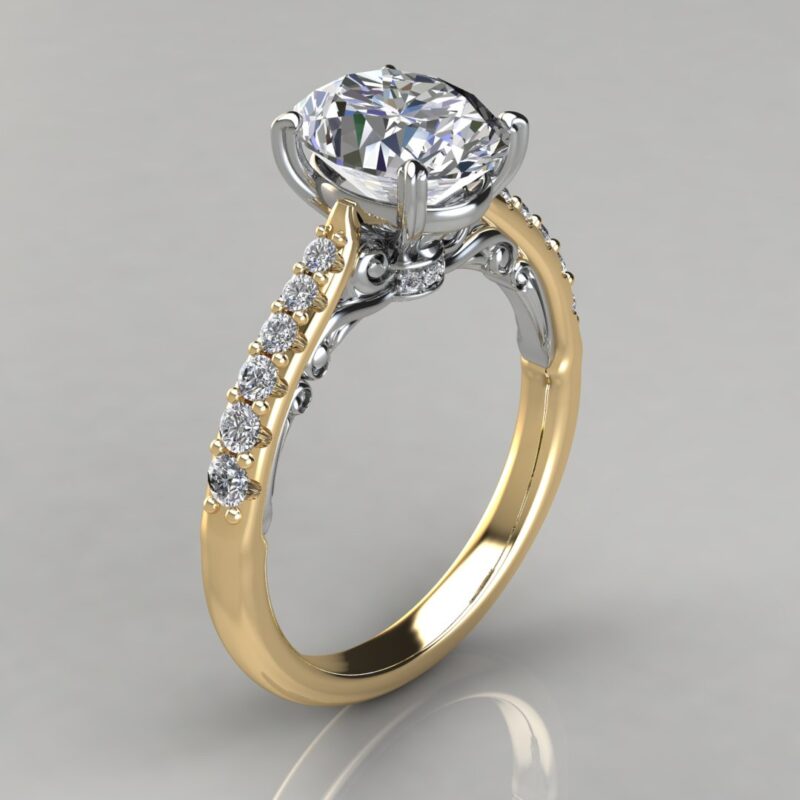 Two-Tone Engraved Oval Cut Moissanite Engagement Ring