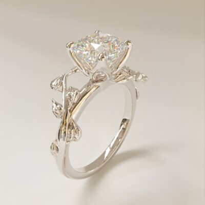 Custom Design Vine Cushion Cut Moissanite Engagement Ring