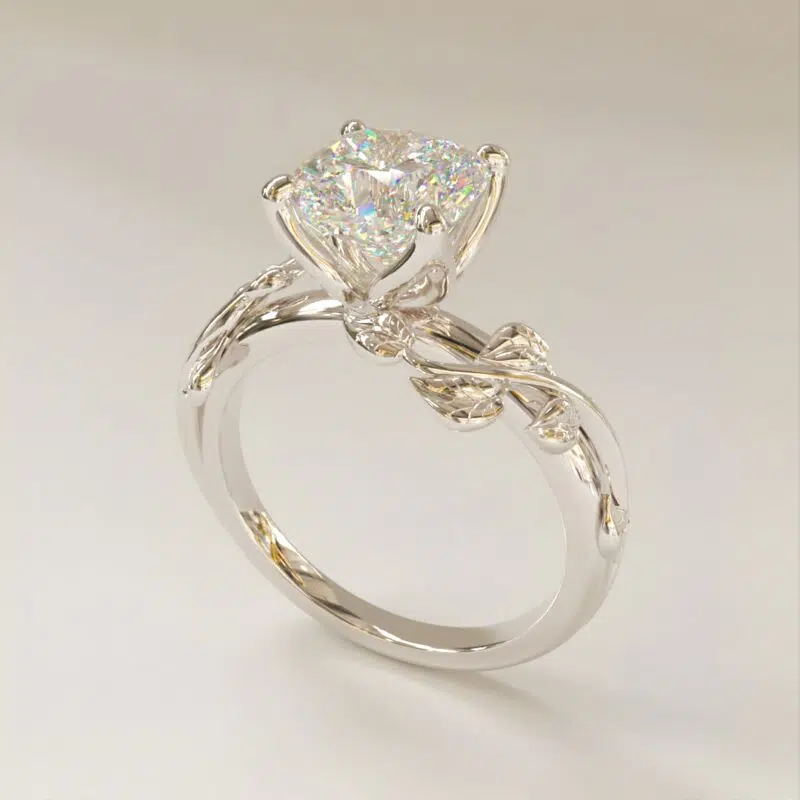 Custom Design Vine Cushion Cut Moissanite Engagement Ring