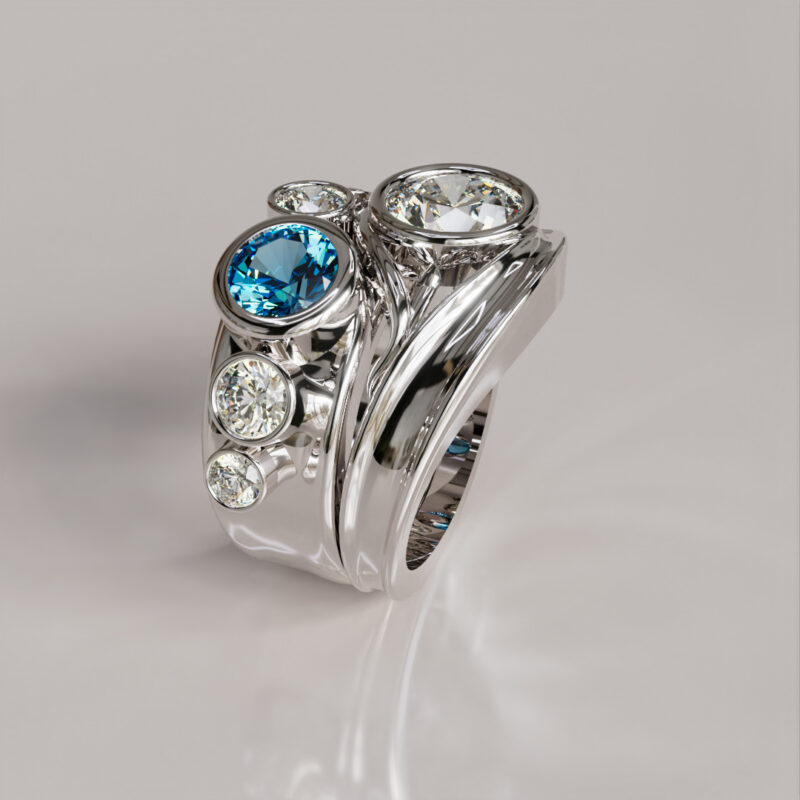 Custom Bridal Set with Blue Sapphire Accents and 1.50 ct Moissanite Center Stone