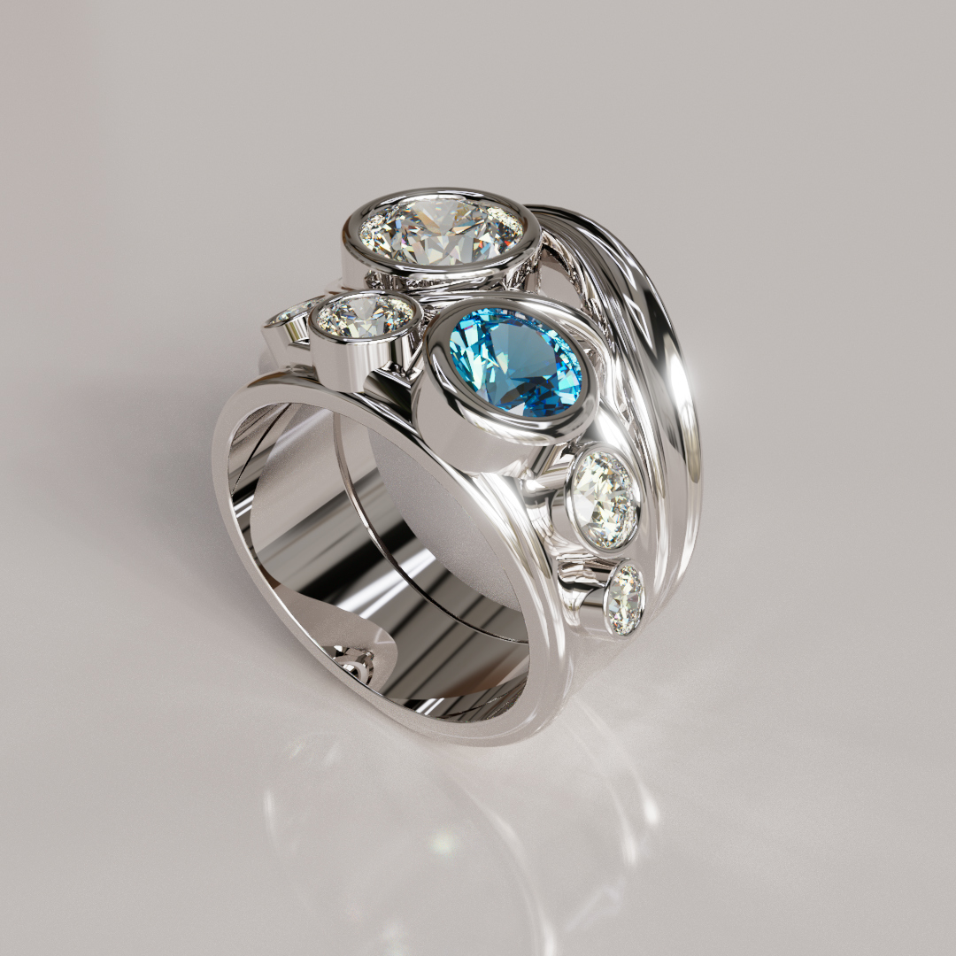 Custom Bridal Set with Blue Sapphire Accents and 1.50 ct Moissanite Center Stone