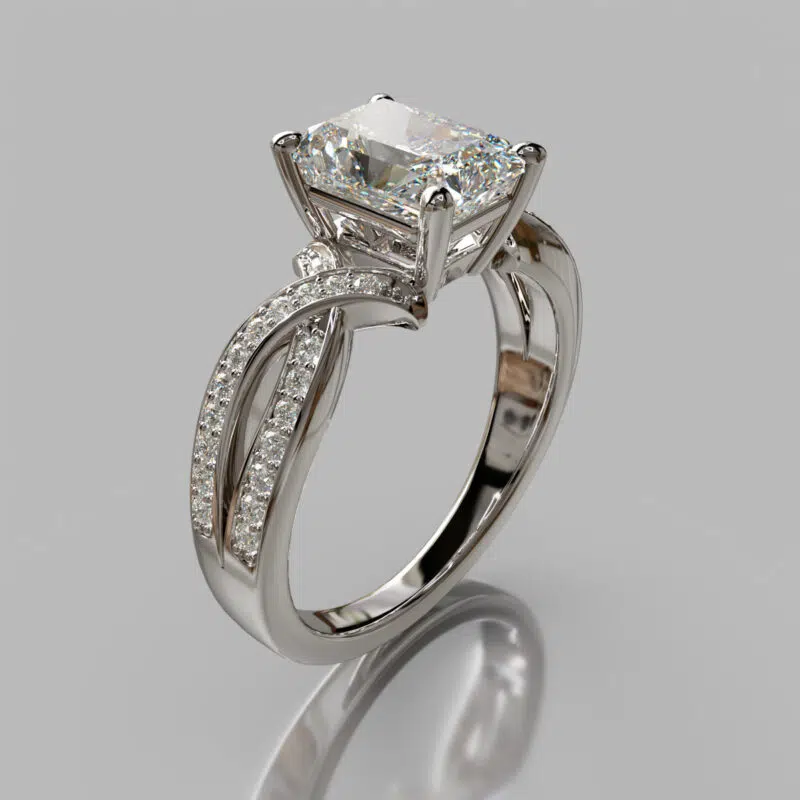 Crossed Shank Radiant Cut Moissanite Engagement Ring
