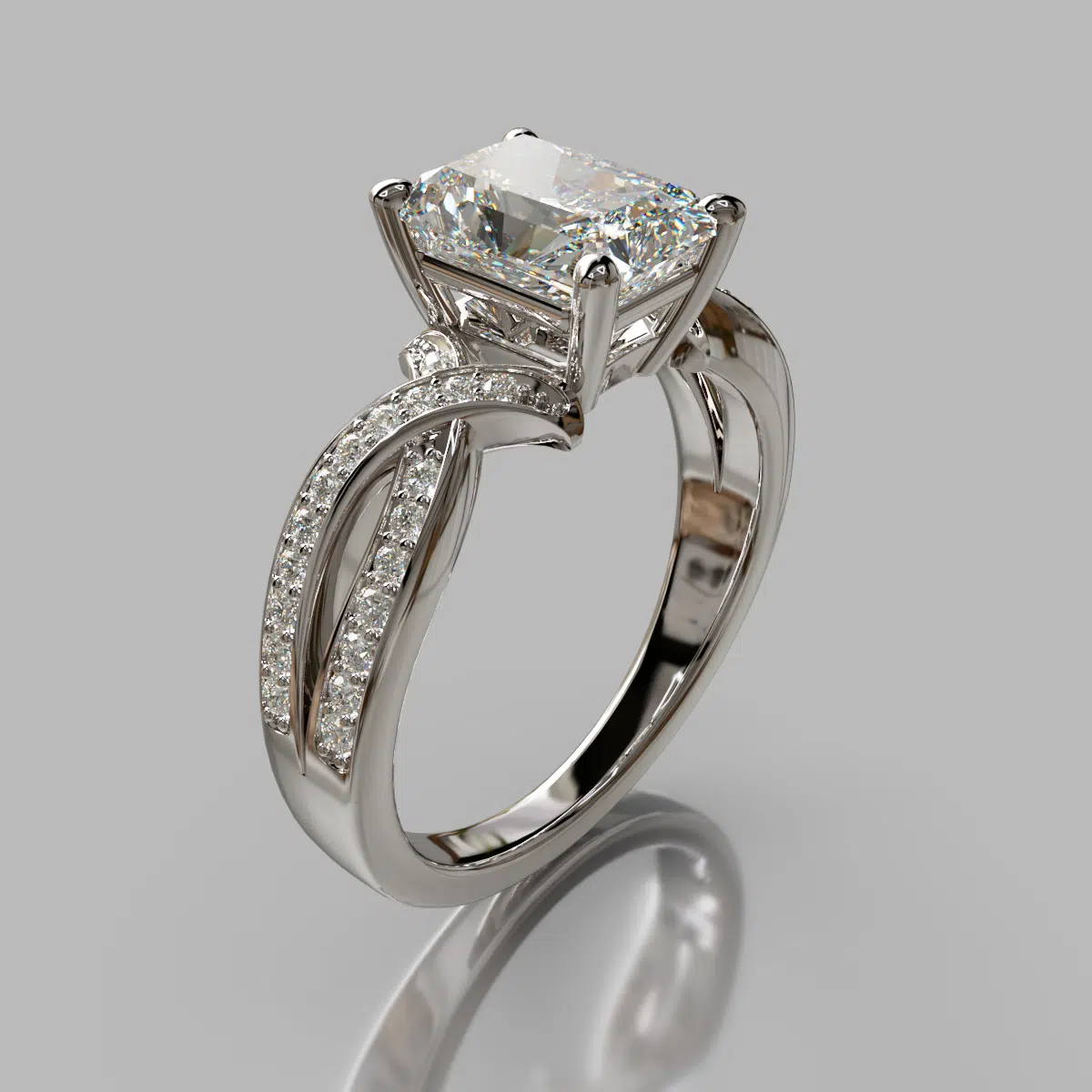 Crossed Shank Radiant Cut Moissanite Engagement Ring