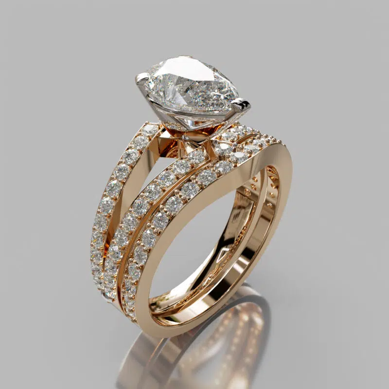 Moissanite Split Shank Pave Pear Cut Bridal Set