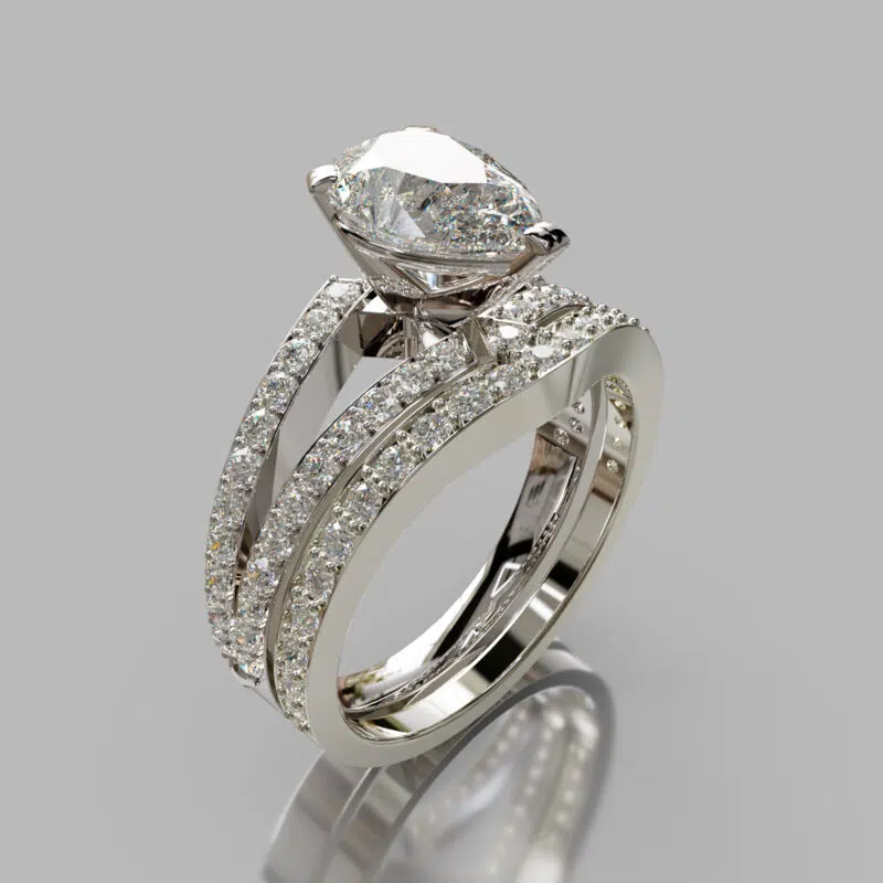 Moissanite Split Shank Pave Pear Cut Bridal Set