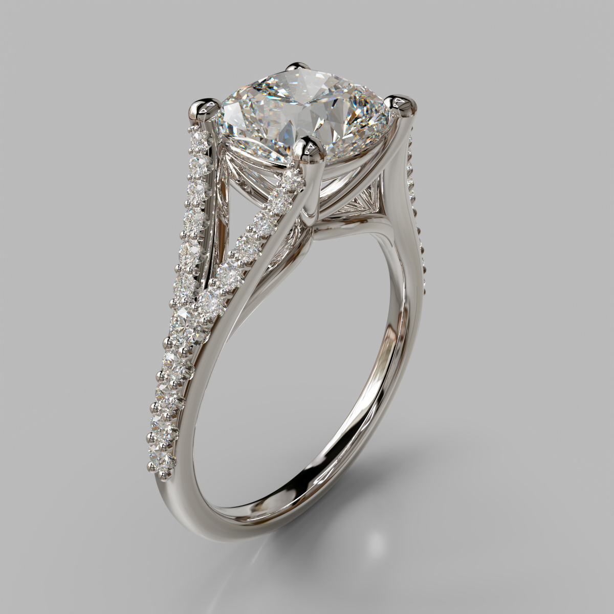 Moissanite Cushion Cut Split Shank Engagement ring