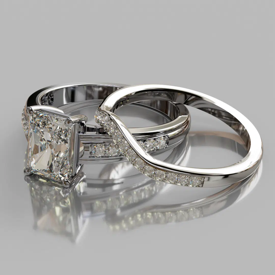 Wide Cathedral Radiant Cut Moissanite Engagement Ring And Wedding Band Wide Cathedral Radiant Cut Moissanite Engagement Ring And Wedding Band