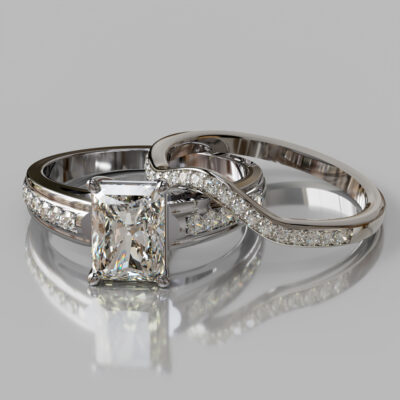 Wide Cathedral Radiant Cut Moissanite Engagement Ring And Wedding Band Wide Cathedral Radiant Cut Moissanite Engagement Ring And Wedding Band