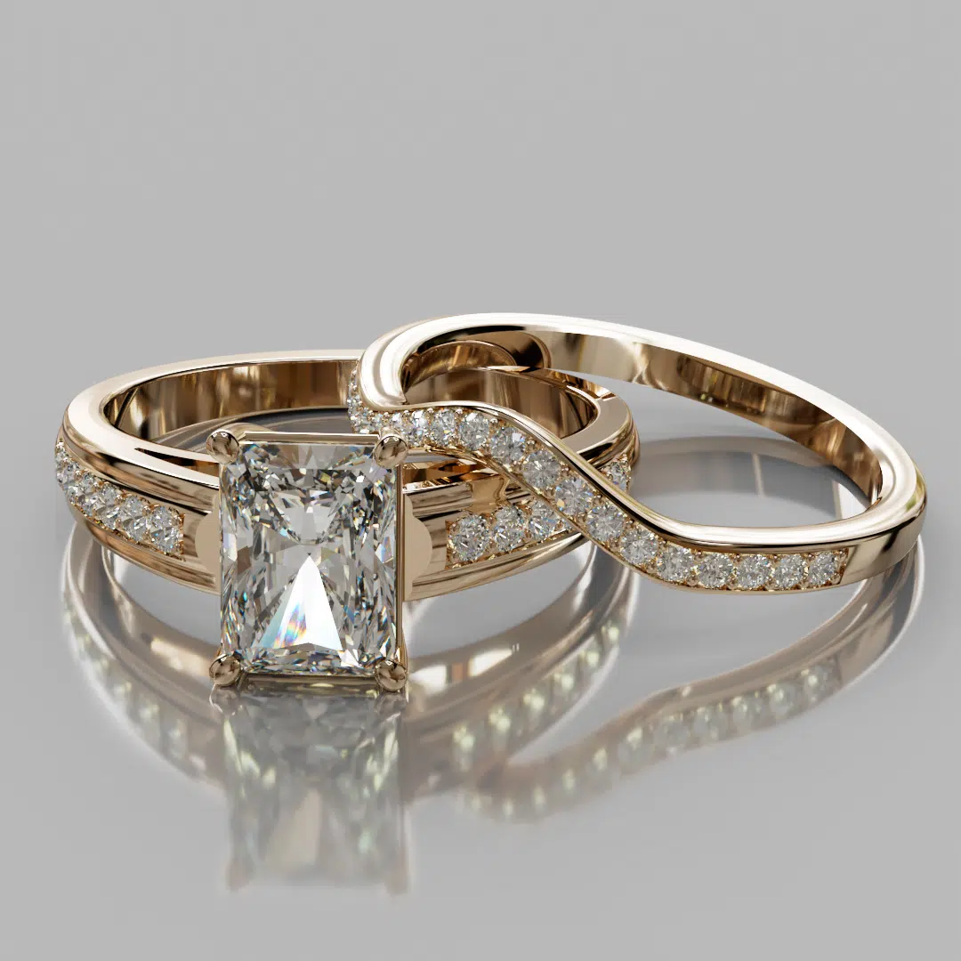 Wide Cathedral Radiant Cut Moissanite Engagement Ring And Wedding Band Wide Cathedral Radiant Cut Moissanite Engagement Ring And Wedding Band