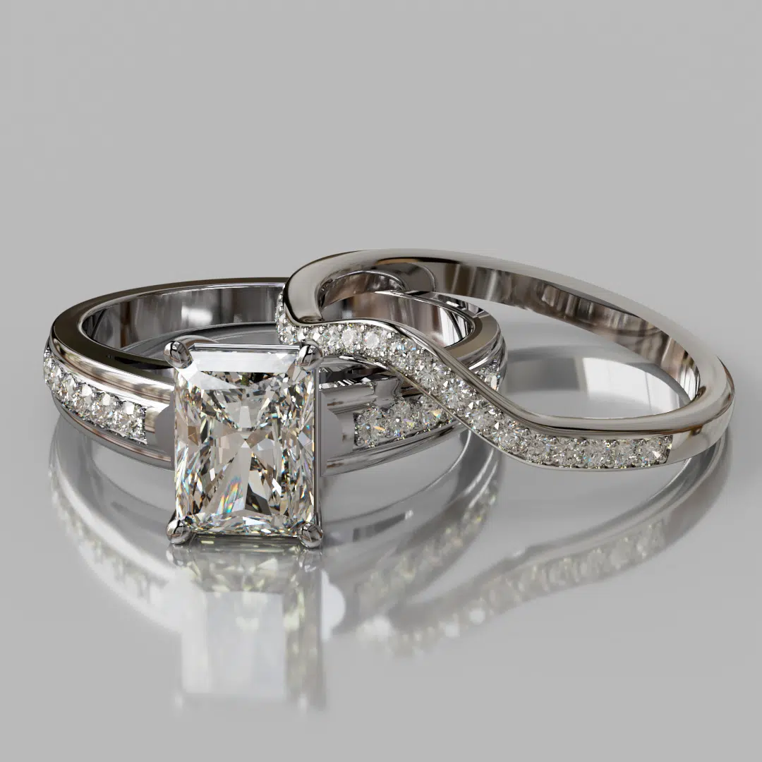 Wide Cathedral Radiant Cut Moissanite Engagement Ring And Wedding Band