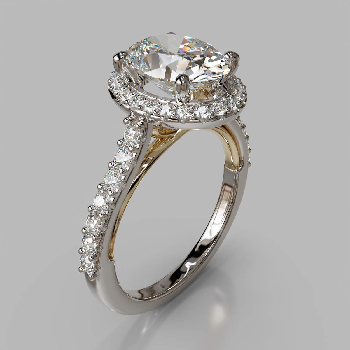 Two-Tone Heart Shank Halo Oval Cut Moissanite Engagement Ring
