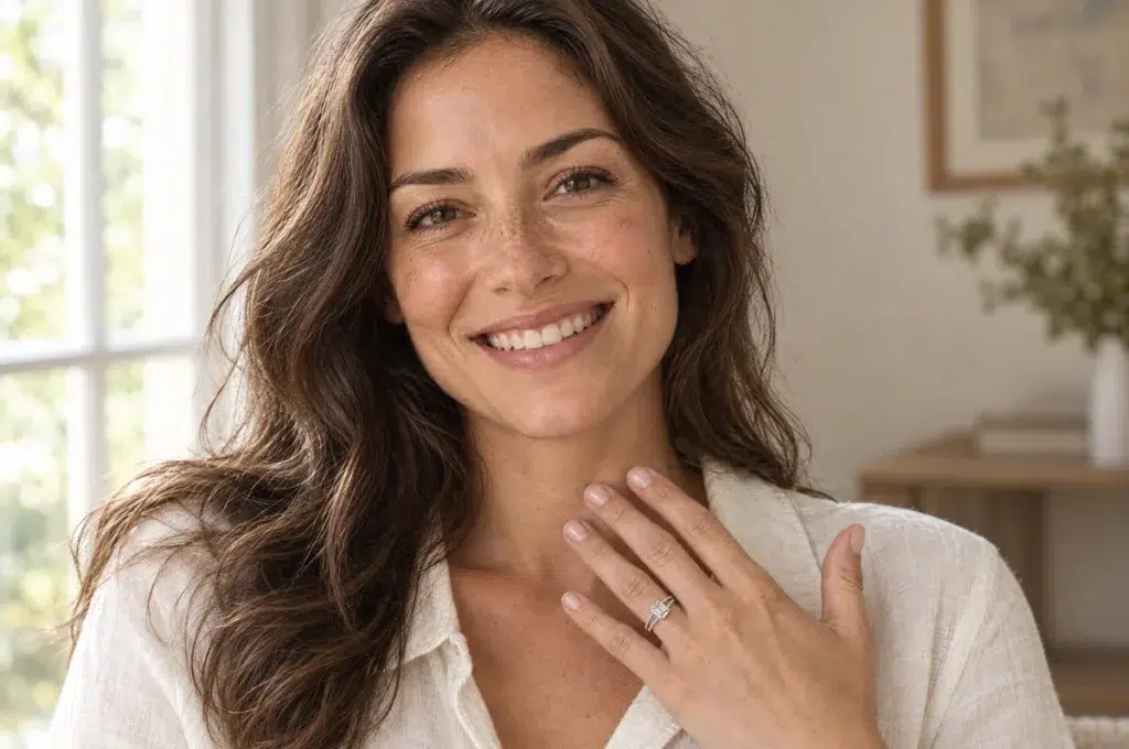 Smiling woman wearing a white-metal split-shank emerald-cut moissanite ring on her left ring finger