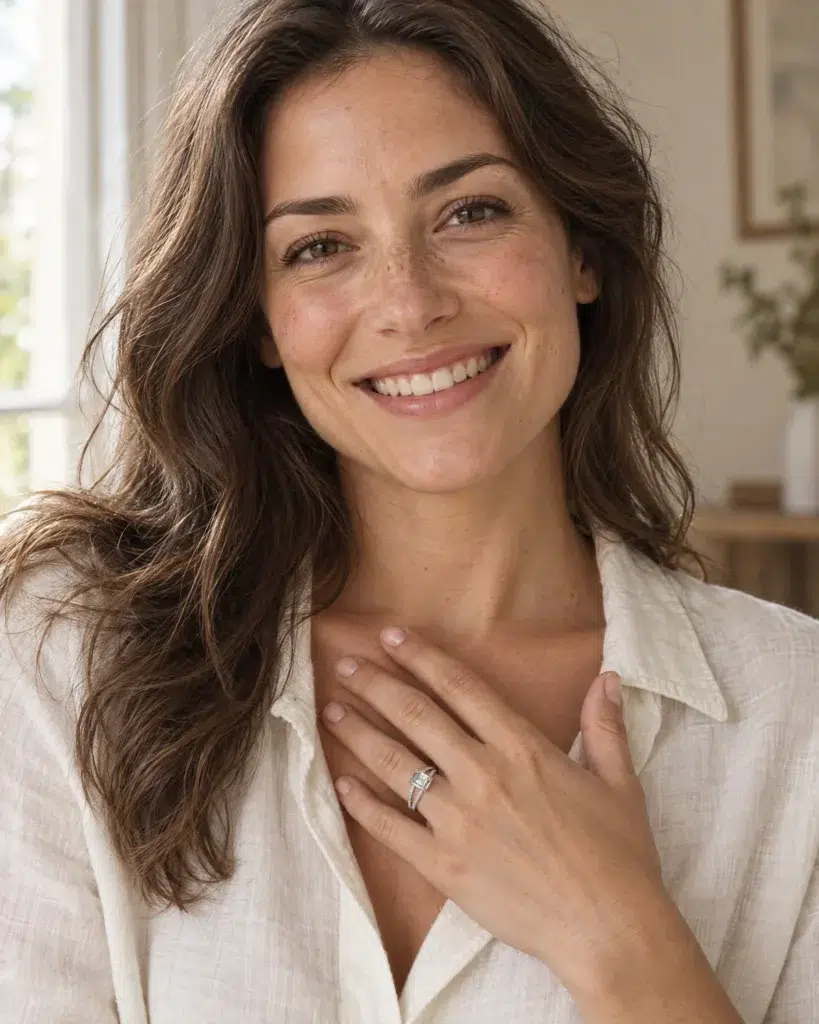 Smiling woman wearing a white-metal split-shank emerald-cut moissanite ring on her left ring finger